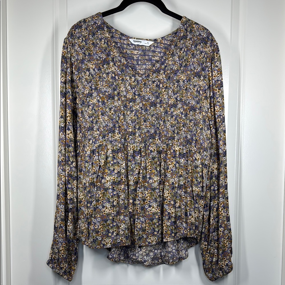 Sonoma Purple and Yellow Floral Relaxed Smocked Blouse